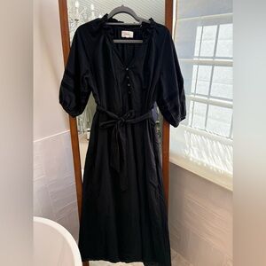 XiRENA Black Button-Front Midi Dress with Tie Waist Cotton size S